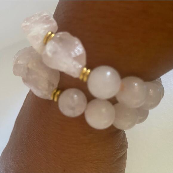 Vintage Rose Quartz Bracelet Set Stretch Elastic Pink Stone Beads Boho Luxe Glam - Picture 16 of 16